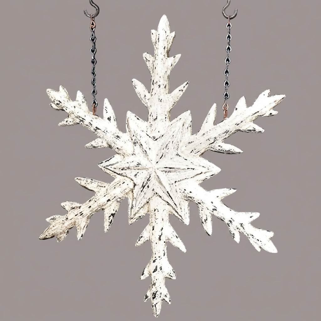Close up of snowflake hanging from chain.