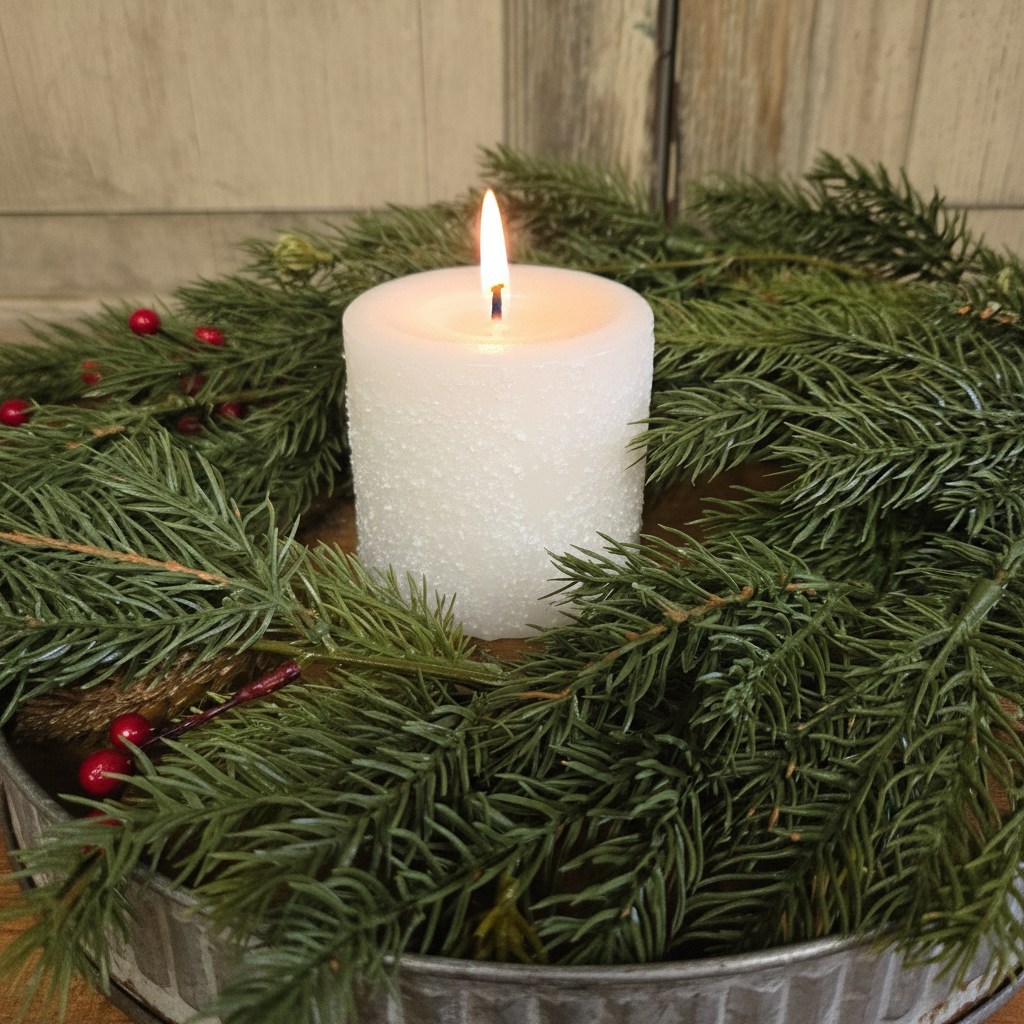 White candle in a decorative wreath with greenery and berries on a wooden surface.