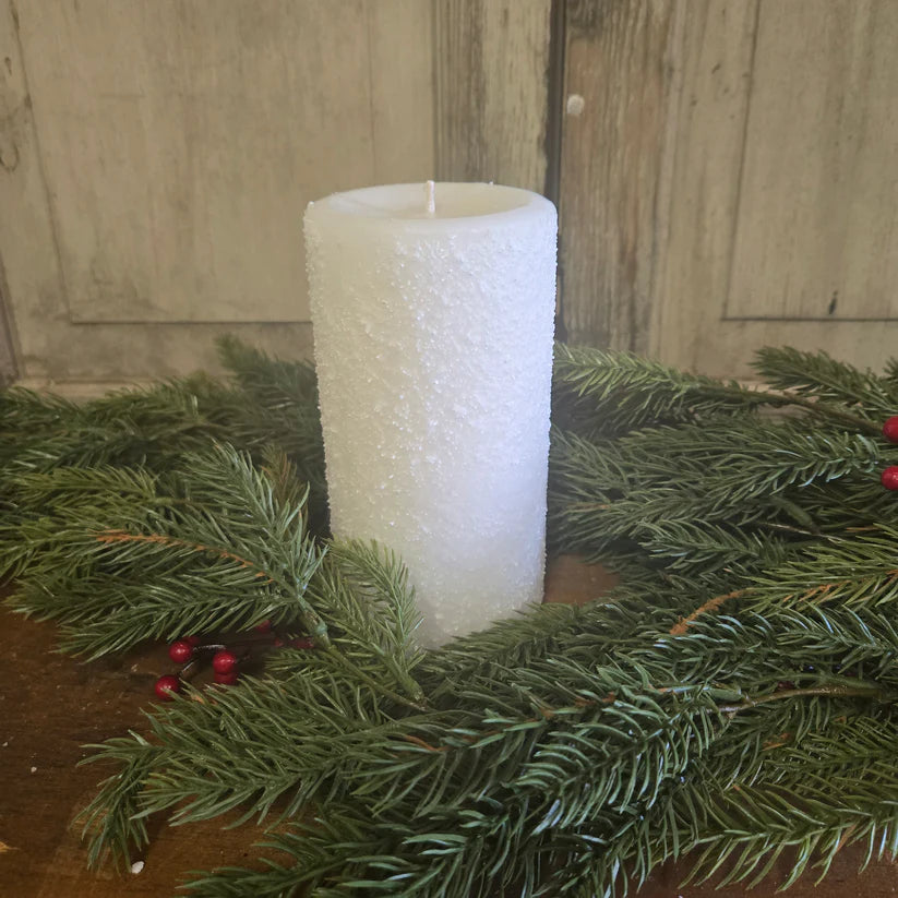 Pillar candle 3x6 with snowflakes on candle with greenery with red berries