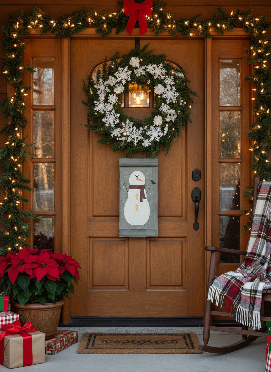 Decorative front door with wreath, snowman sign, and Christmas lights