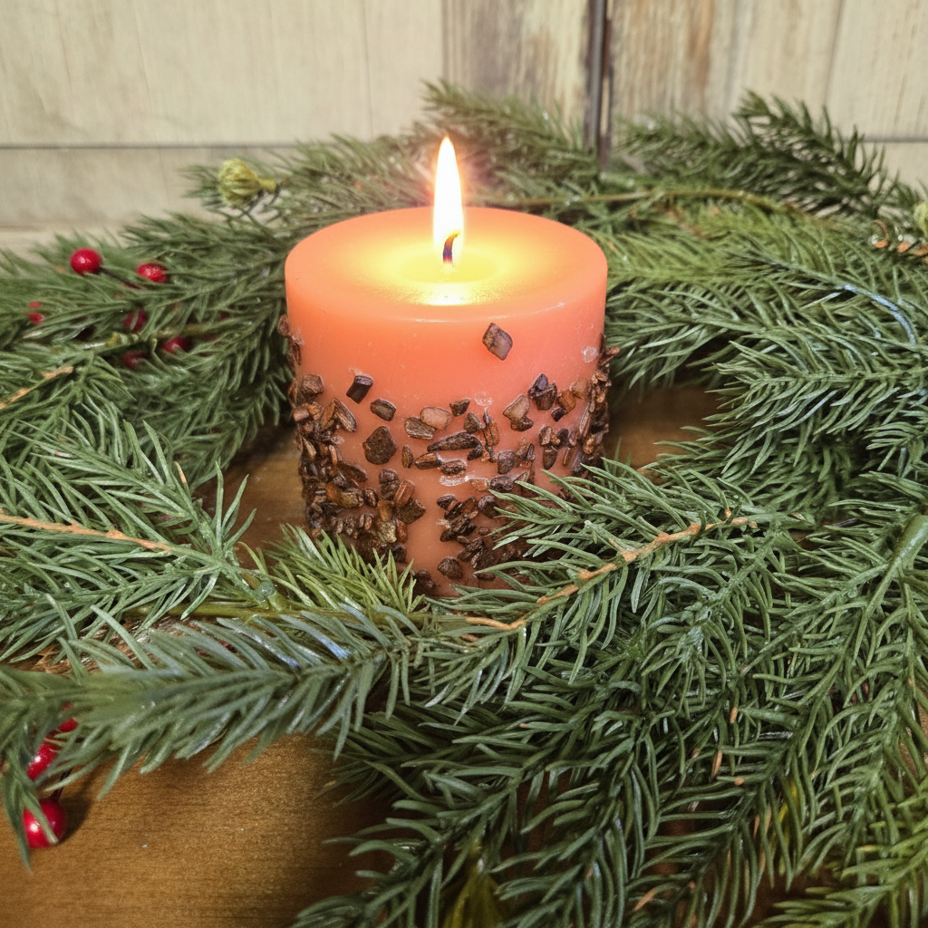 Candle with decorative elements on a green wreath against a wooden background