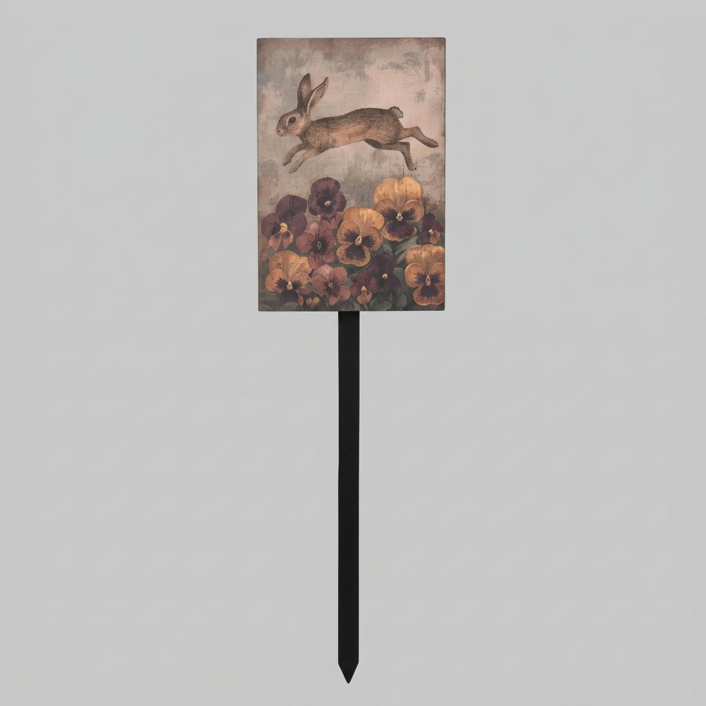 Decorative garden stake with a rabbit and flowers design on a gray background