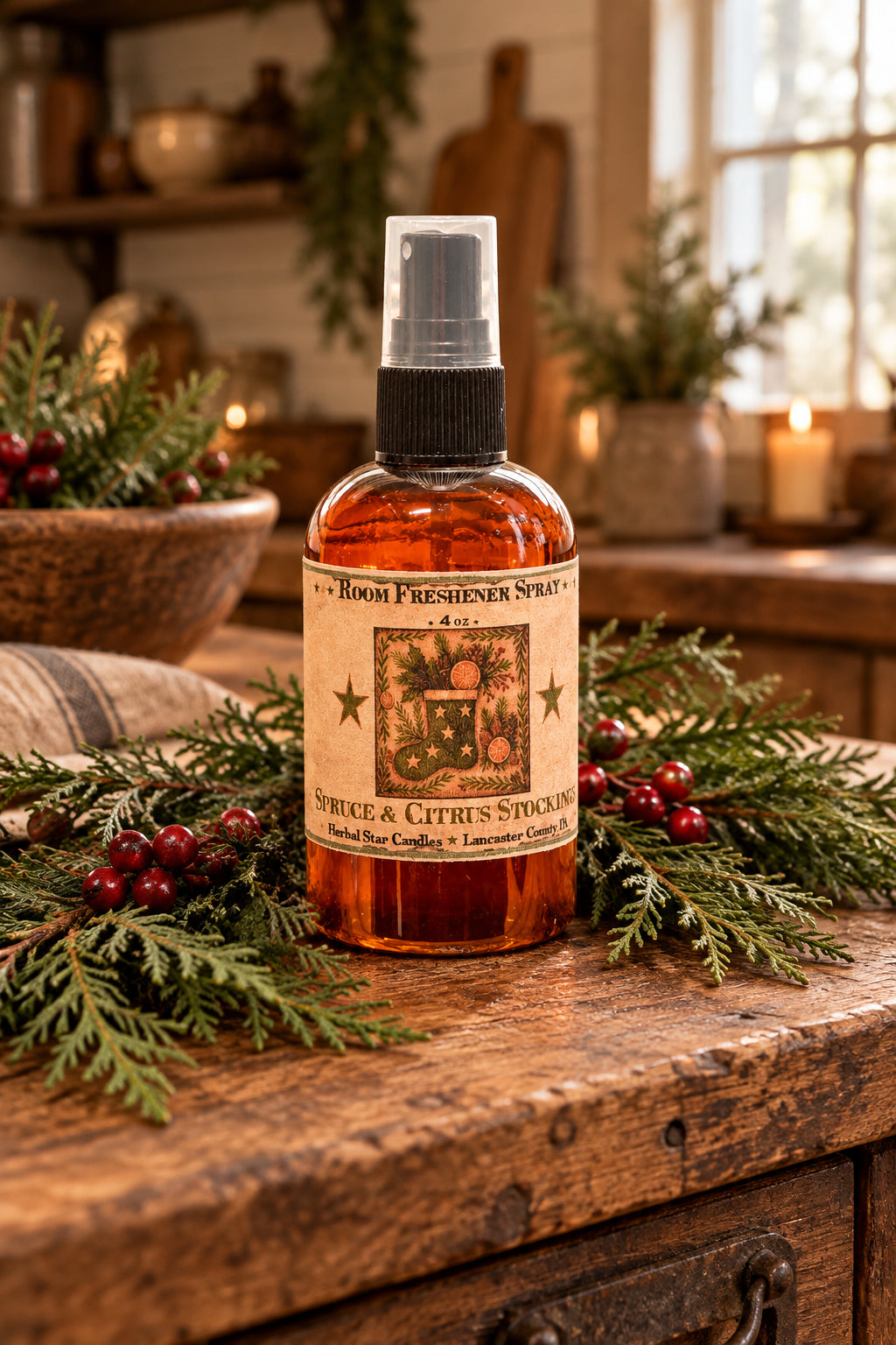 Room freshener spray bottle with decorative label on a wooden surface with a festive background.