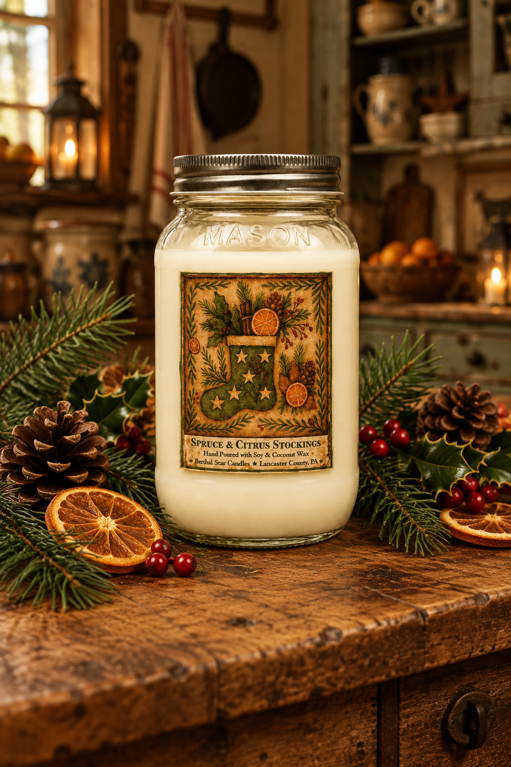 A large mason jar candle with a silver lid and a decorative front label reading 'SPICE & CITRUS STOCKING' sits on a rustic wooden table surrounded by pine branches, pinecones, dried orange slices, and red berries in a warm holiday kitchen setting.