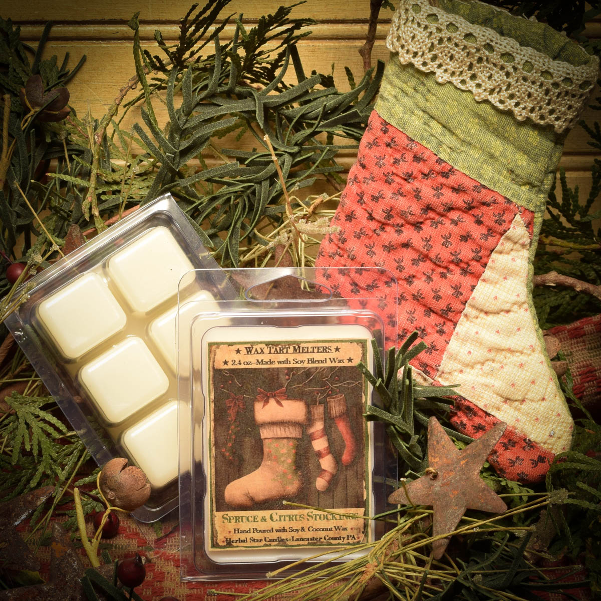 Mini pack of 6 wax tarts named 'Spruce and Citrus Stockings' placed in a Christmas-themed setting with holiday decorations around.