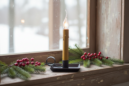 Candle in a yellow holder on a windowsill with greenery and berries