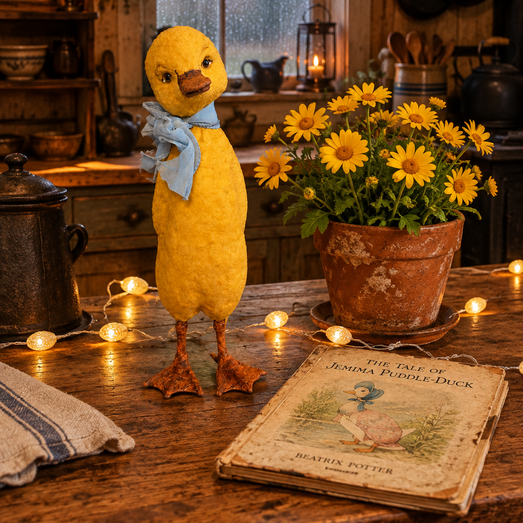 Papier mache duckling on a primitive table with a book by Beatrix Potter and a pot of yellow daisies.