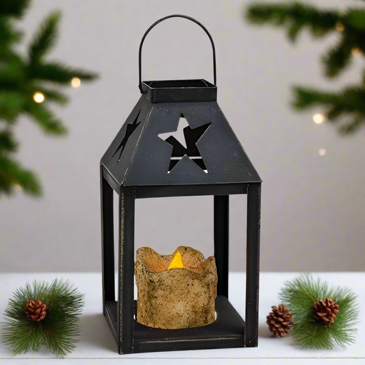 Black lantern with a star cutout on a white background