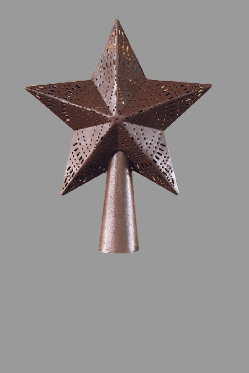 A wine star-shaped tree topper shown on top of a Christmas tree