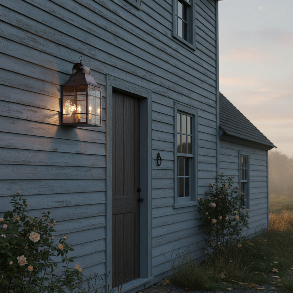 A solid antique copper Stenton outdoor wall light with a blackened solder and lacquer coating, featuring a historic glass and three internal bulbs, mounted on a salt box home.