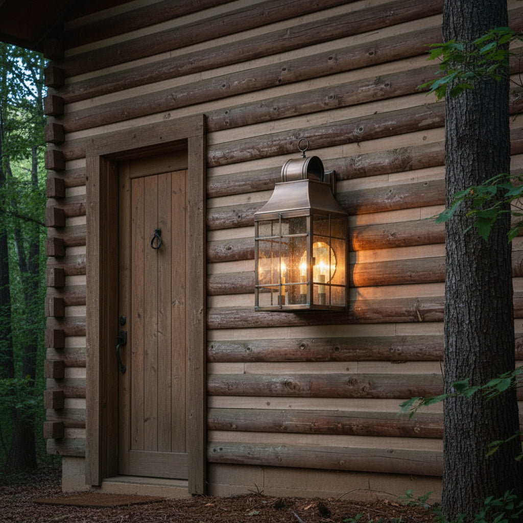 A solid weathered brass outdoor wall light with a blackened solder and lacquer coating, featuring a glass globe and three visible bulb sockets, mounted on a log cabin home.
