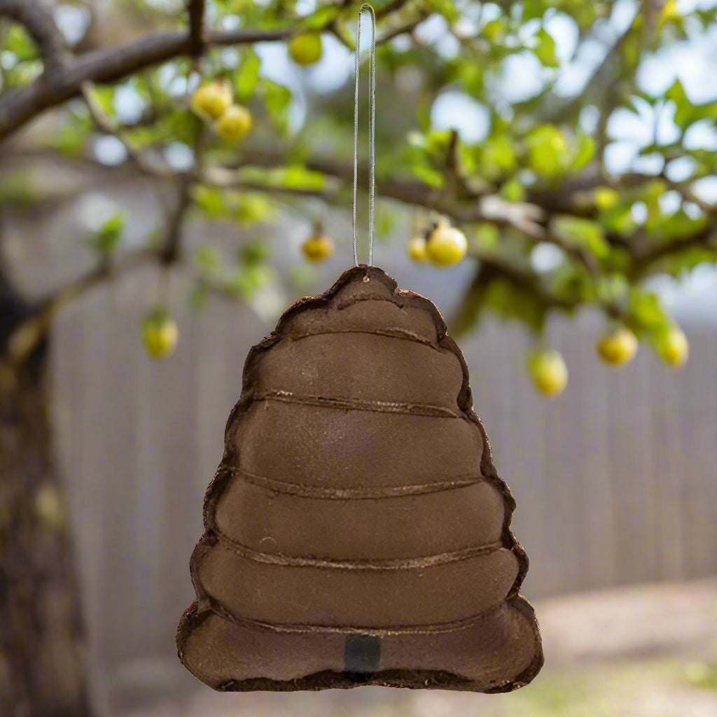 A stuffed beehive ornament with a brown canvas fabric and a leather-like finish, designed for hanging as a decoration.