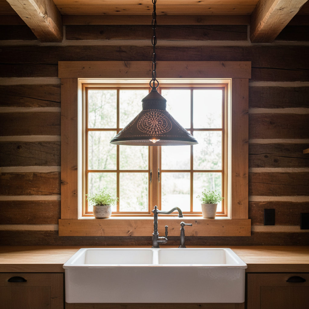 White kitchen sink in a rustic wooden cabin with a window above it.