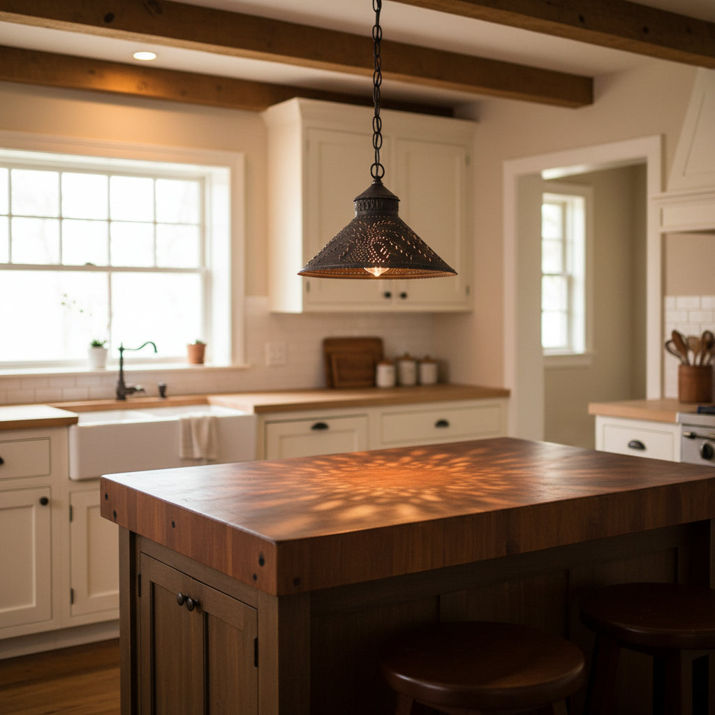 Decorative pendant light with intricate design hanging over island in primitive kitchen.