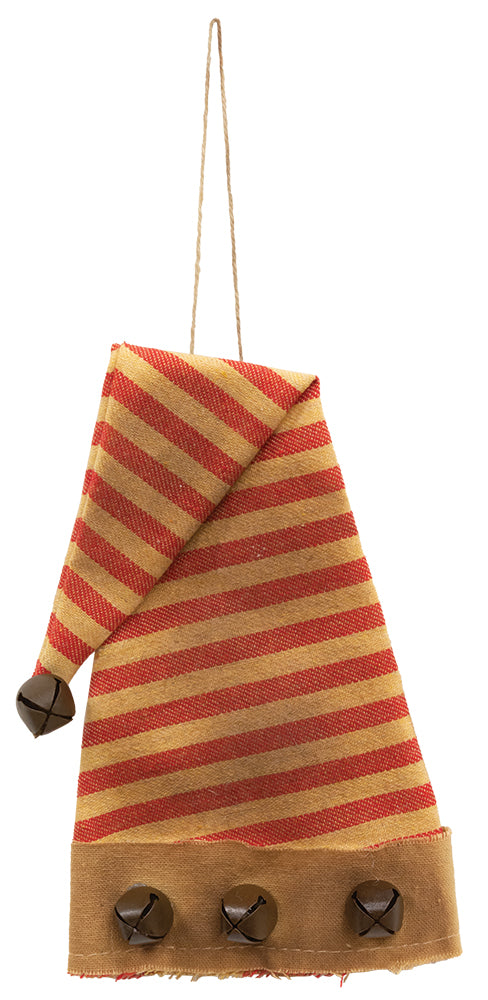 Striped santa hat with jingle bells made into an ornament.