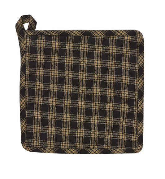 A black checkered potholder with a loop for hanging