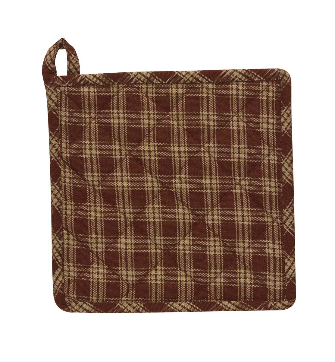 A wine checkered potholder with a loop for hanging