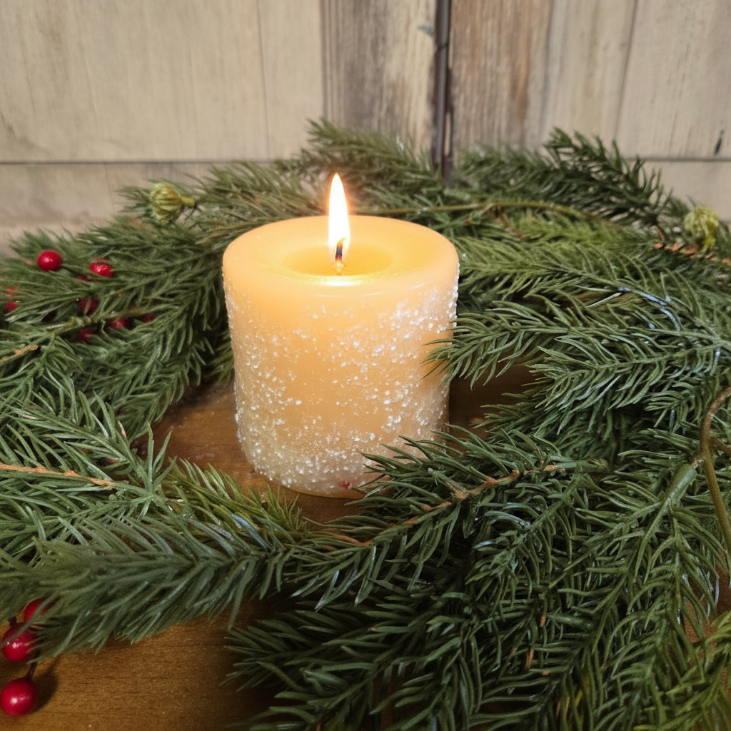 Pillar candle surrounded by candle ring with berries