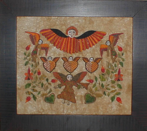 A print of a fraktur featuring winged angels in a garden