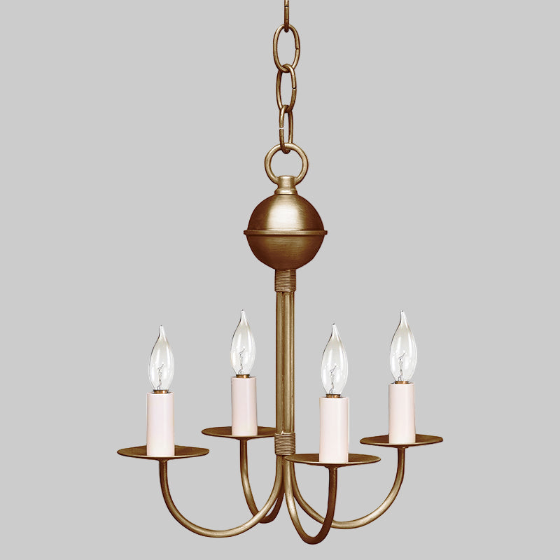Gold chandelier with four candle-style lights on a white background