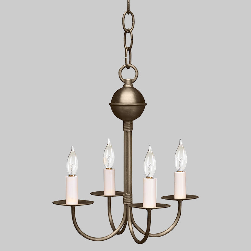 Bronze chandelier with four candle-style lights on a white background