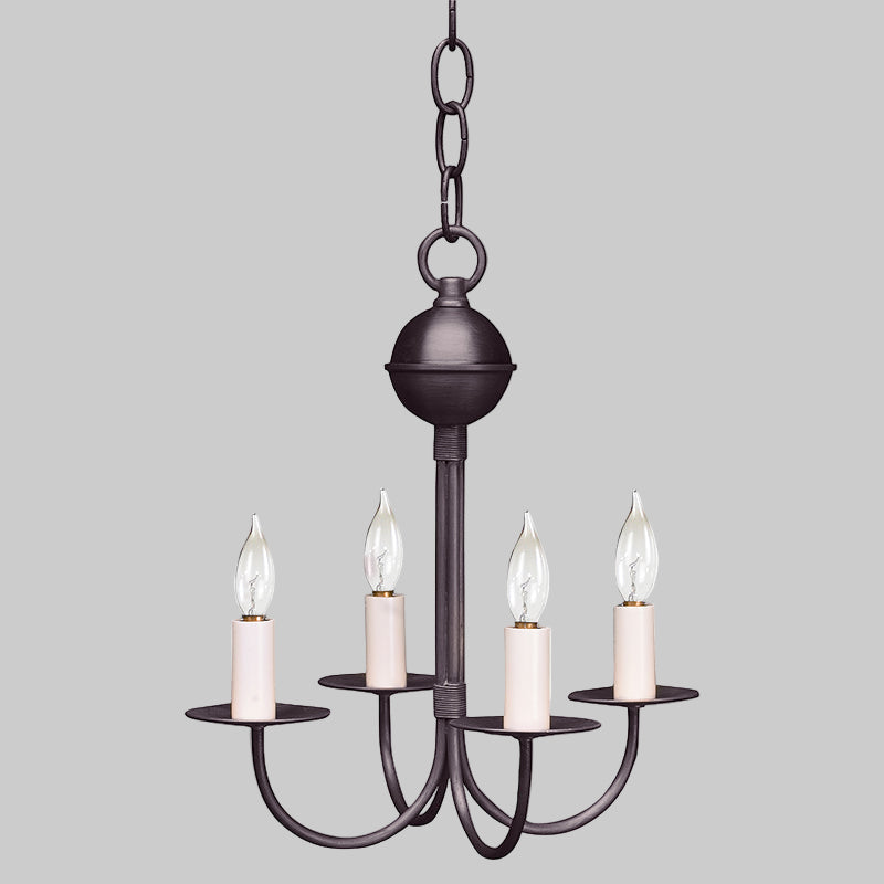 Dark bronze chandelier with four candle-style lights on a white background