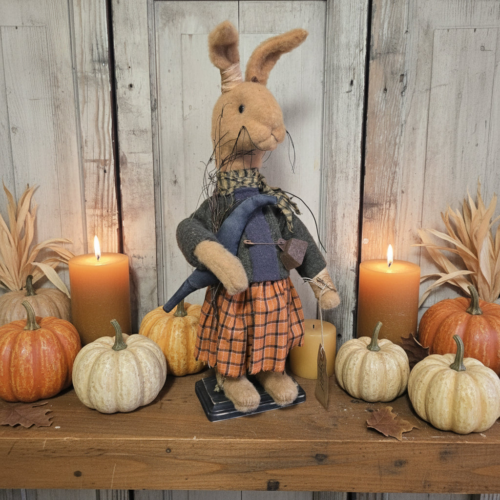 A toy depicting a primitive-style bunny with bendable ears, wearing a plaid skirt and holding a crow sitting on a mantle surrounded by pumpkins and candles.