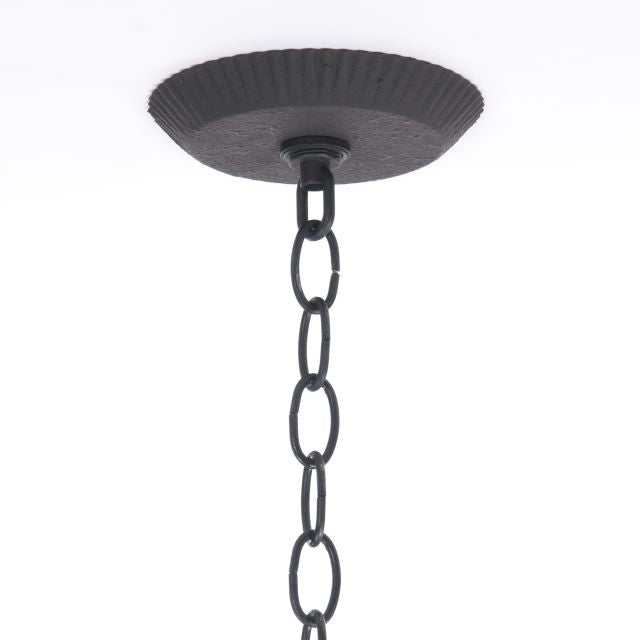 A black textured ceiling plate with a chain connector collar and a screw collar ring, designed for hanging lighting fixtures.