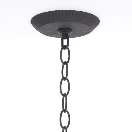 A black textured ceiling plate with a chain connector collar and a screw collar ring, designed for hanging lighting fixtures.