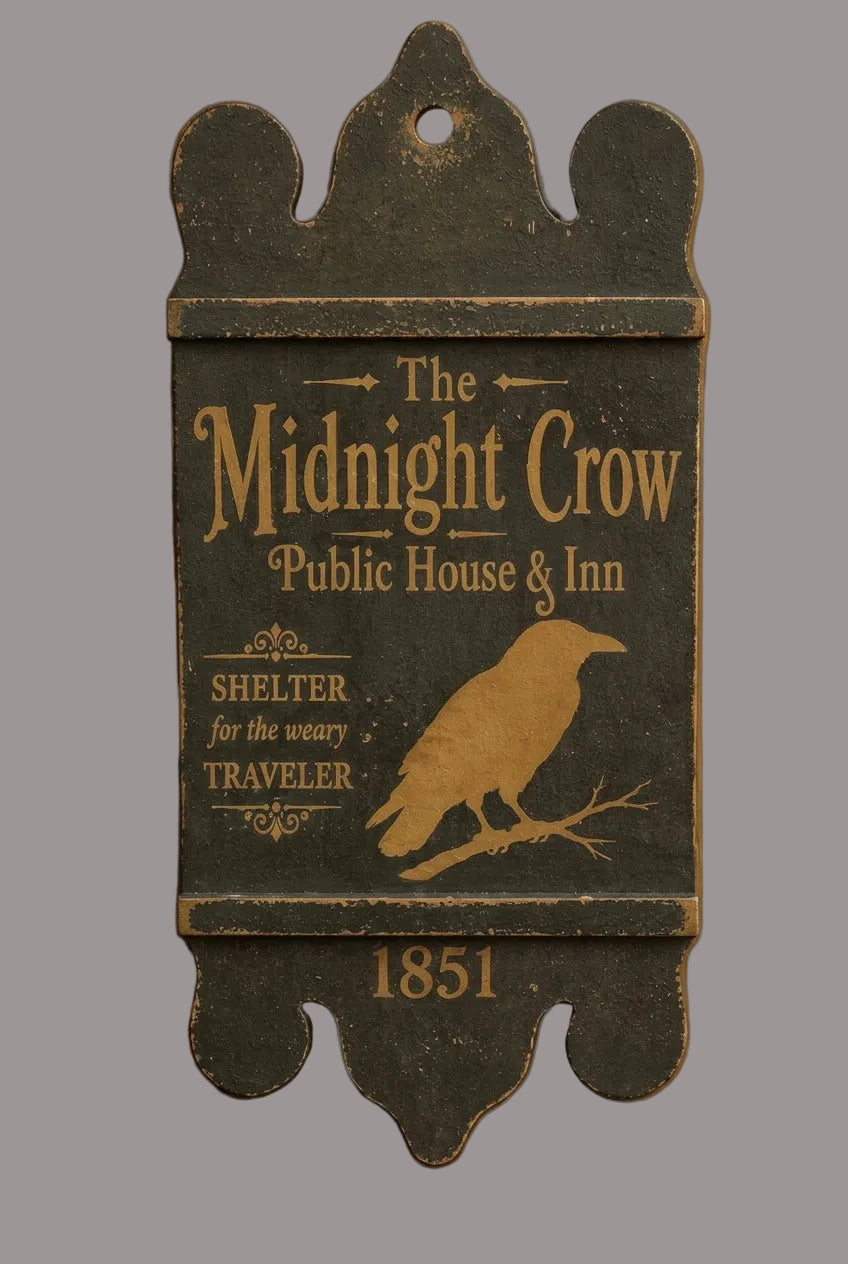 Distressed dark wood sign with a mustard crow and lettering reading “The Midnight Crow Public House & Inn,” “Shelter for the weary traveler,” and “1851.”