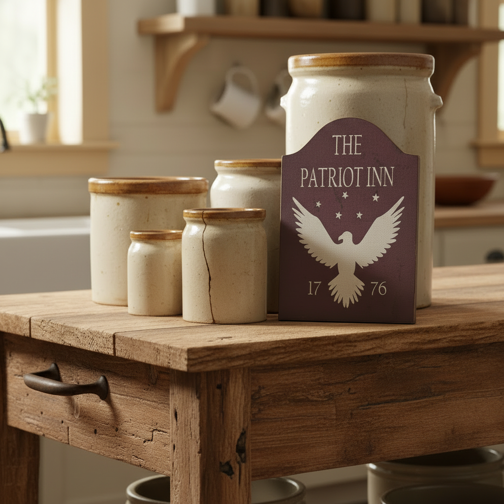 Set of ceramic jars with a sign reading 'The Patriot Inn 1776' on a wooden table.