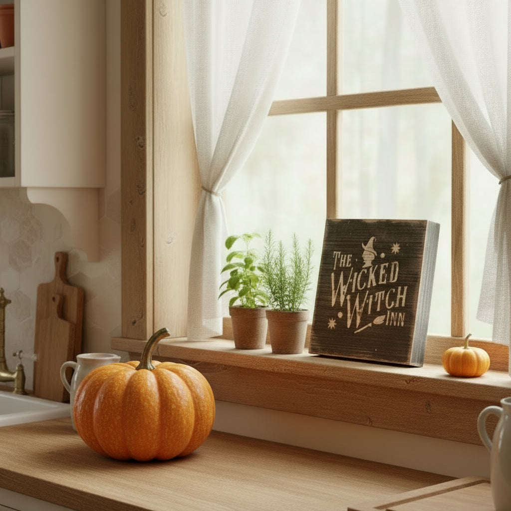 Wooden box with dried flowers and a sign reading 'The Wicked Witch' on a dark background.