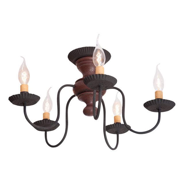 A ceiling-mounted light fixture with five arms, each holding a candle-style bulb, in a textured red and black color scheme.