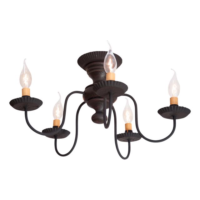 A black ceiling-mounted light fixture with five arms and multiple bulb holders, featuring a textured black finish and crimped pans.