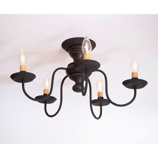 Black chandelier with six candle-style lights on a white background