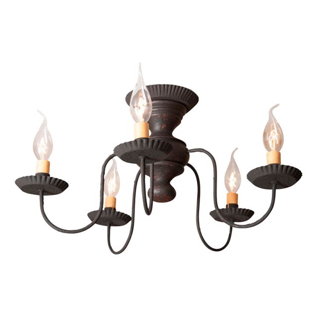 A traditional ceiling-mounted lighting fixture with black arms and a distressed finish, featuring five candle-like lights.
