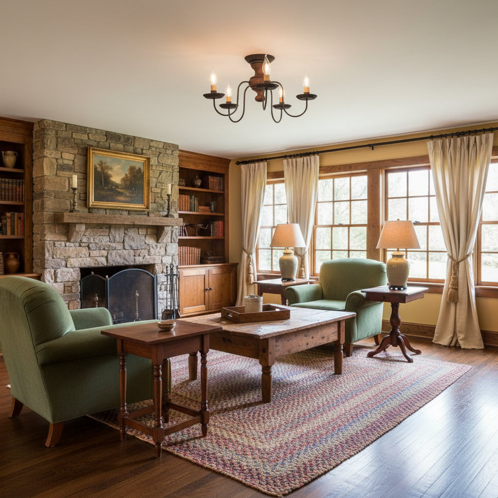 Black chandelier with six candle-style lights on a white background