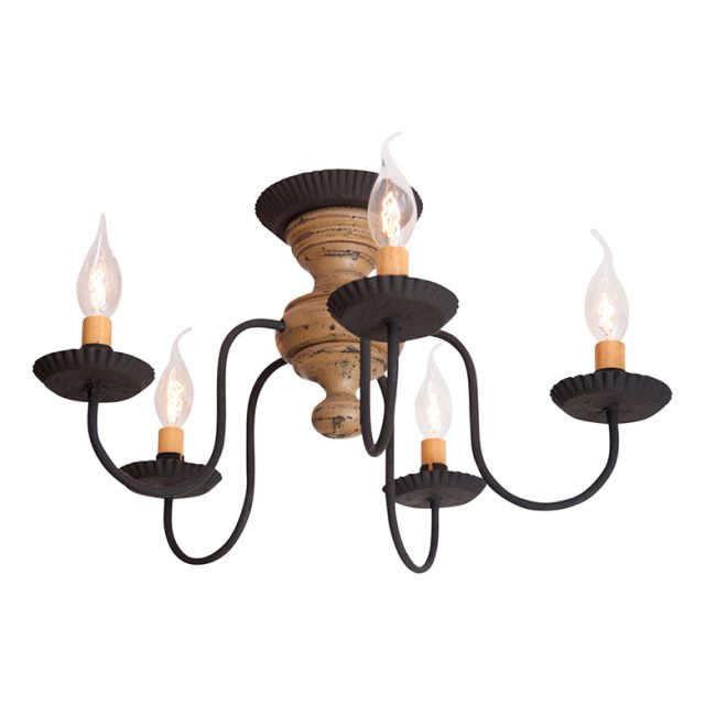 A traditional ceiling-mounted chandelier with a textured pearwood painted finish and black arms with crimped pans, containing five light bulbs.