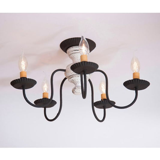 Black chandelier with multiple candle-style light bulbs on a white background
