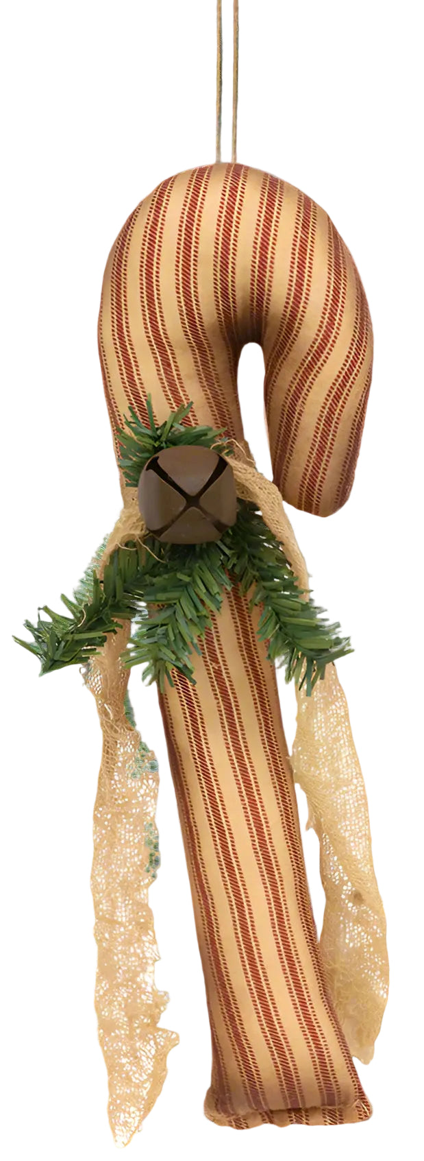 Ticking stripe candy cane with rusty bell and greens