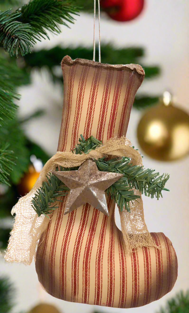 Ticking stripe stocking with star and greenery on white background