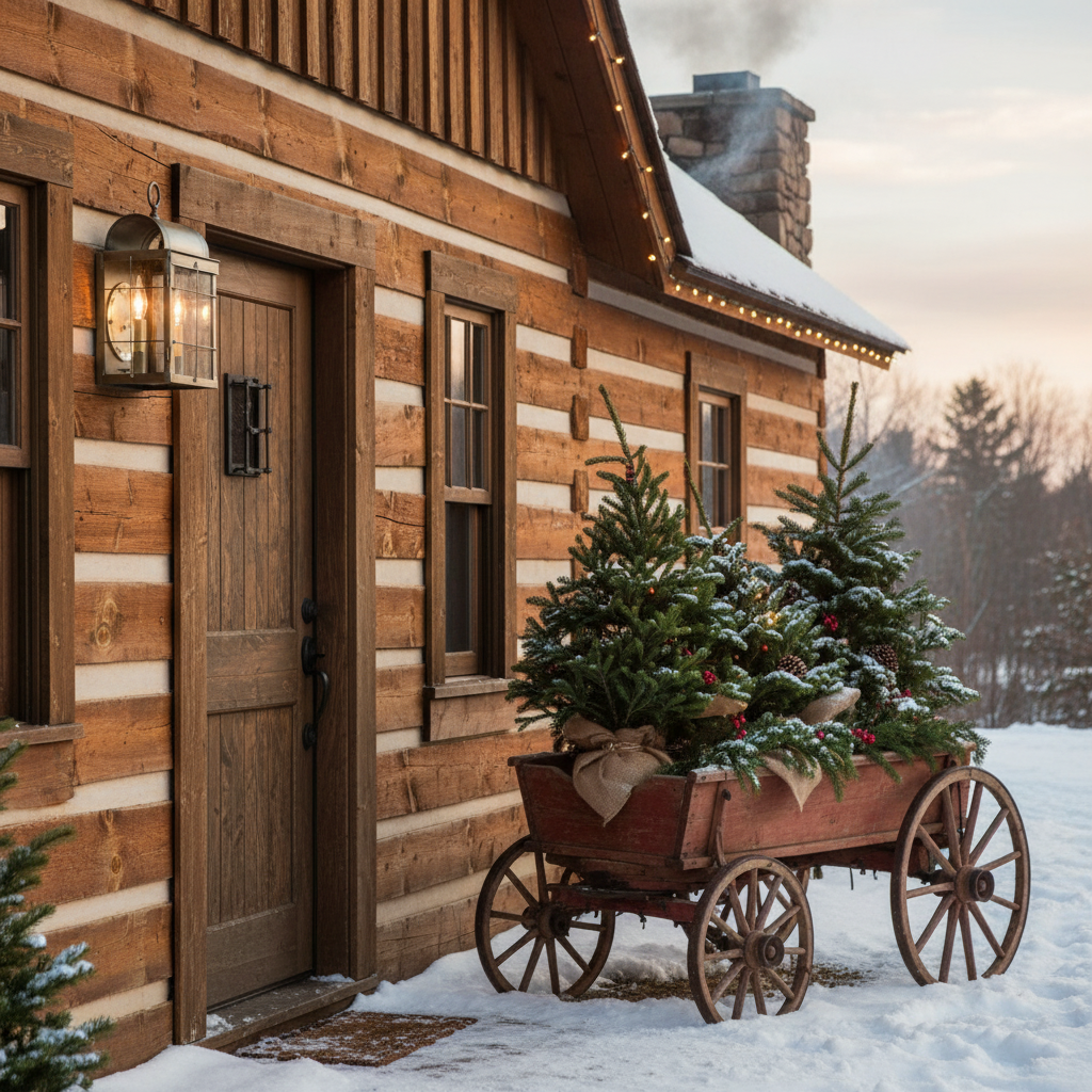 Wooden cabin with a cart carrying Christmas trees in front, surrounded by snow.