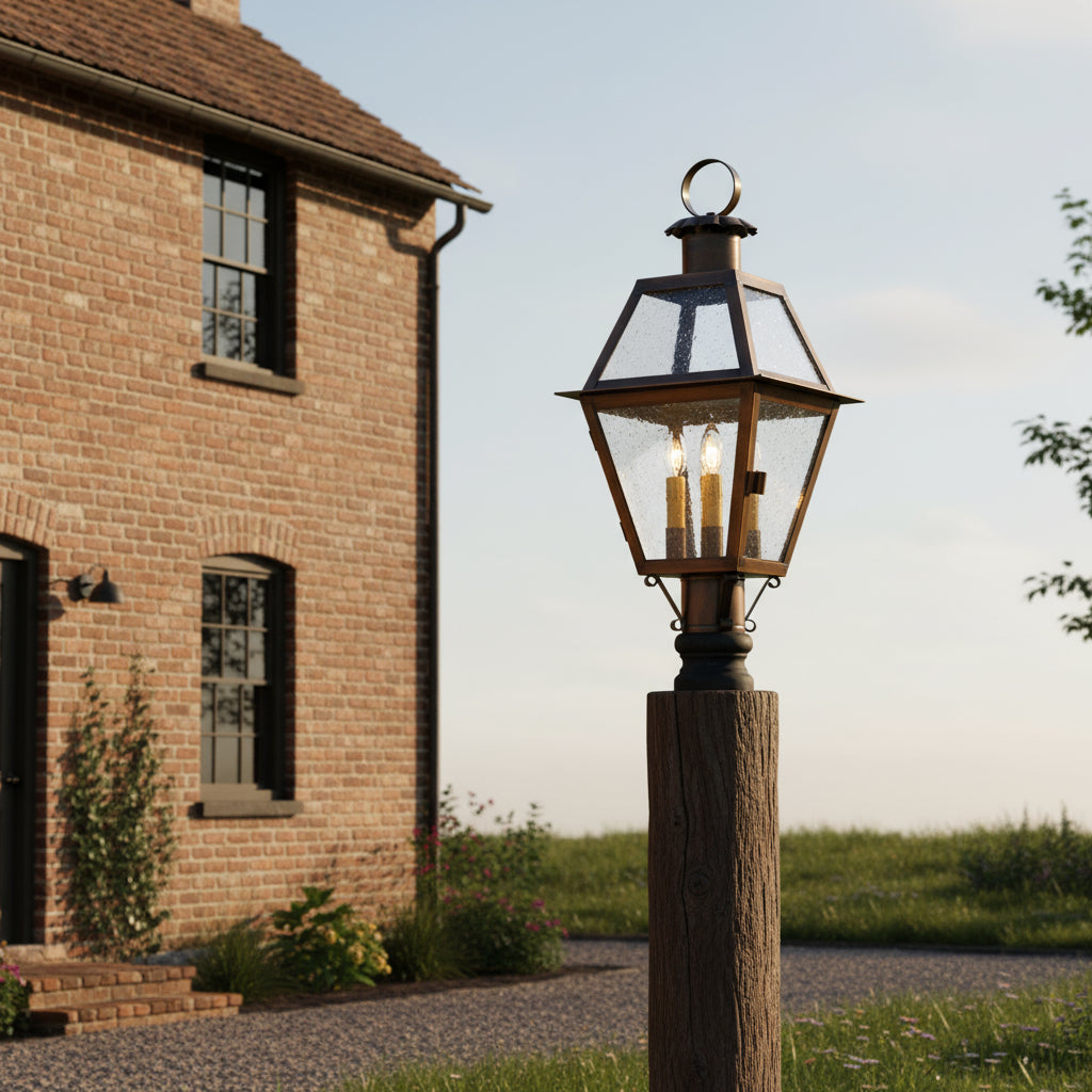 A solid antique copper outdoor post light with three lights, featuring clear glass panels and a blackened solder finish on post in front of brick farmhouse.