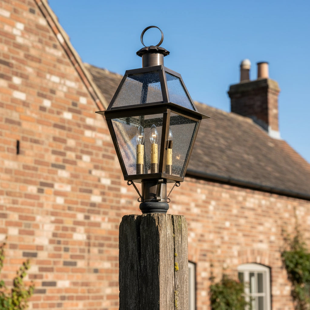 An outdoor post light with a solid weathered brass base and a glass cover, featuring three light bulbs inside, mounted on a circular black post.