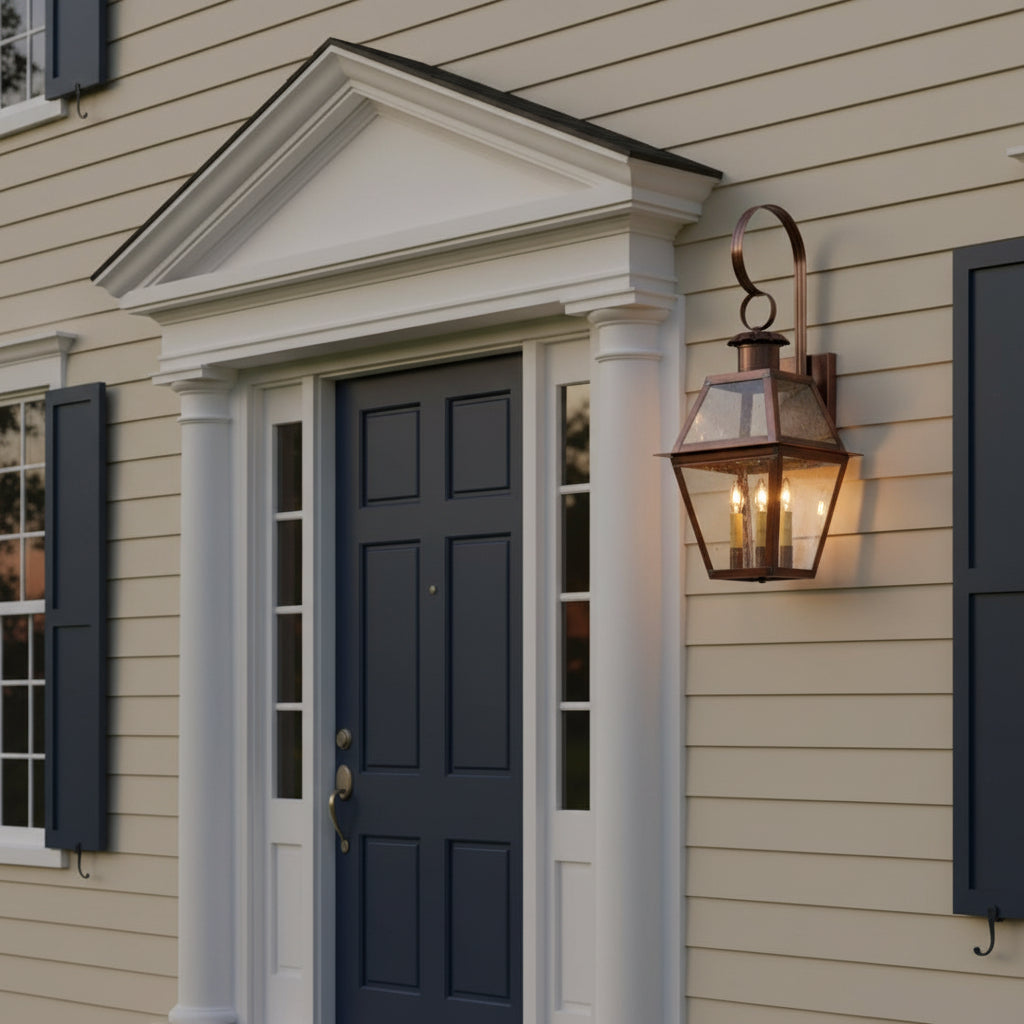 An outdoor wall-mounted lantern with a solid antique copper finish and clear glass panels, displaying three lit candles inside on colonial home.
