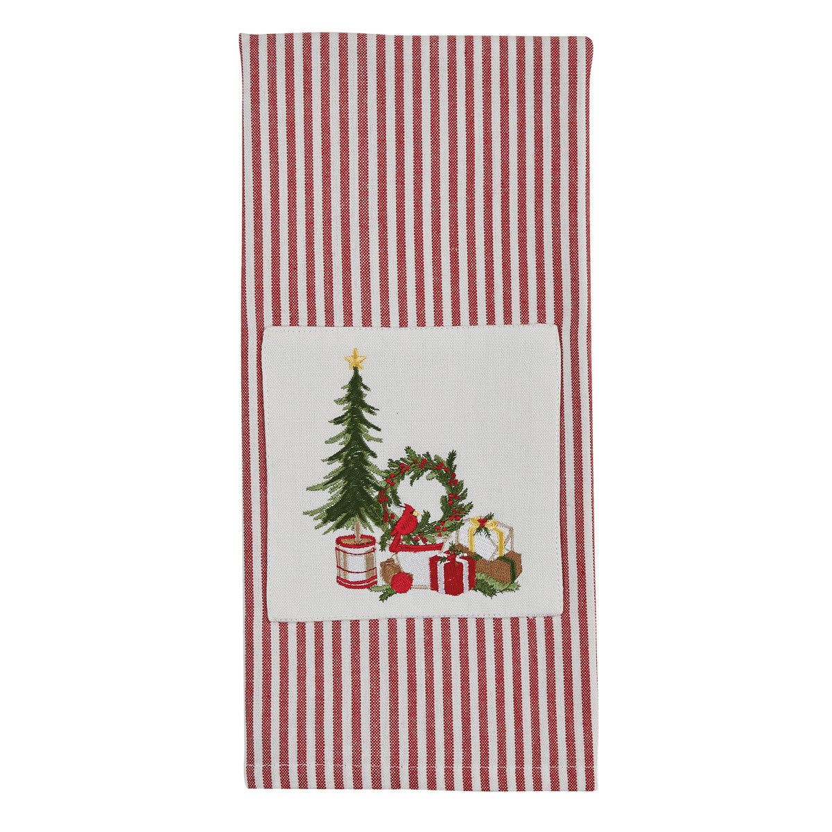 A red and white striped dishtowel with an embroidered Christmas tree and wreath design in the center.