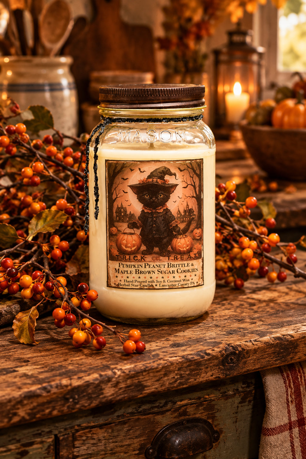 Candle in a mason jar with a Halloween-themed label featuring a black cat and pumpkins, surrounded by small pumpkins on a wooden surface.