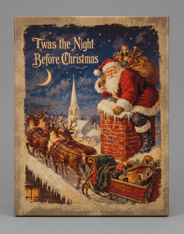 Vintage-style Christmas canvas print of Santa beside a snowy chimney, with reindeer, a toy-filled sleigh, and “Twas the Night Before Christmas” lettering.