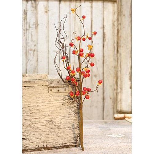 A dried floral arrangement featuring a brown-wrapped stem with red-orange bittersweet berries and mini pumpkins, with a Halloween-like spooky twig.