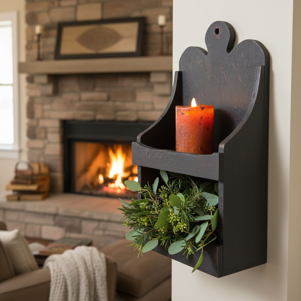 Decorative wall shelf with a candle and greenery in front of a fireplace.